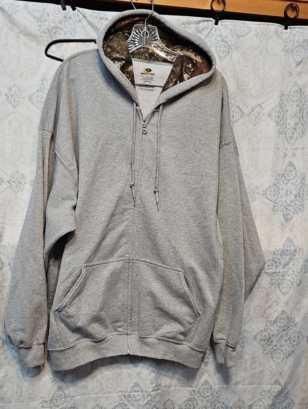 Mossy Oak Men's Gray Zip-Up Hoodie with Camo Lined Hood